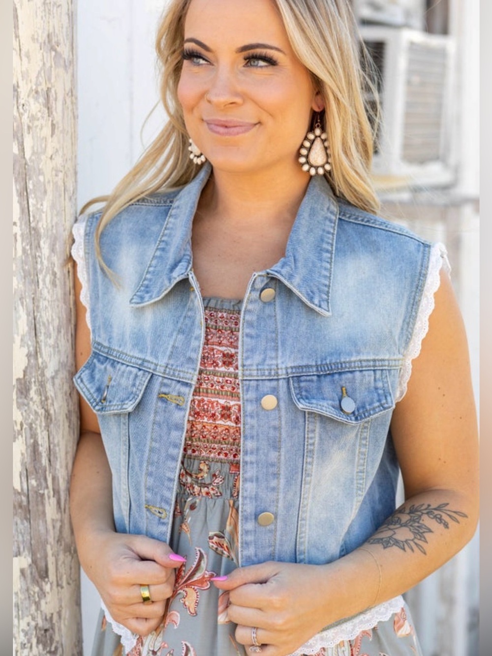 Denim vest with lace trim by Adora!